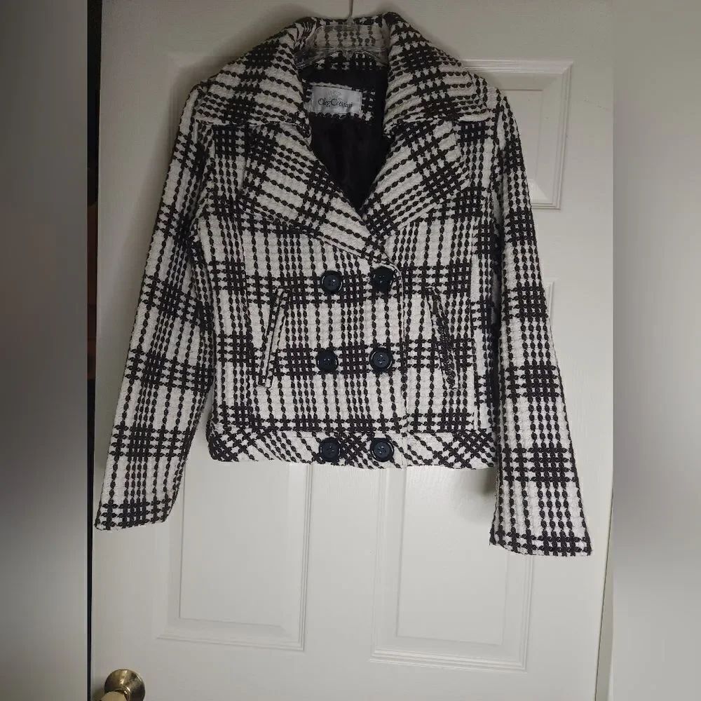 Oleg Cassini M Women's Wool Blend Lined Jacket Blazer Brown White Checker Lines.
